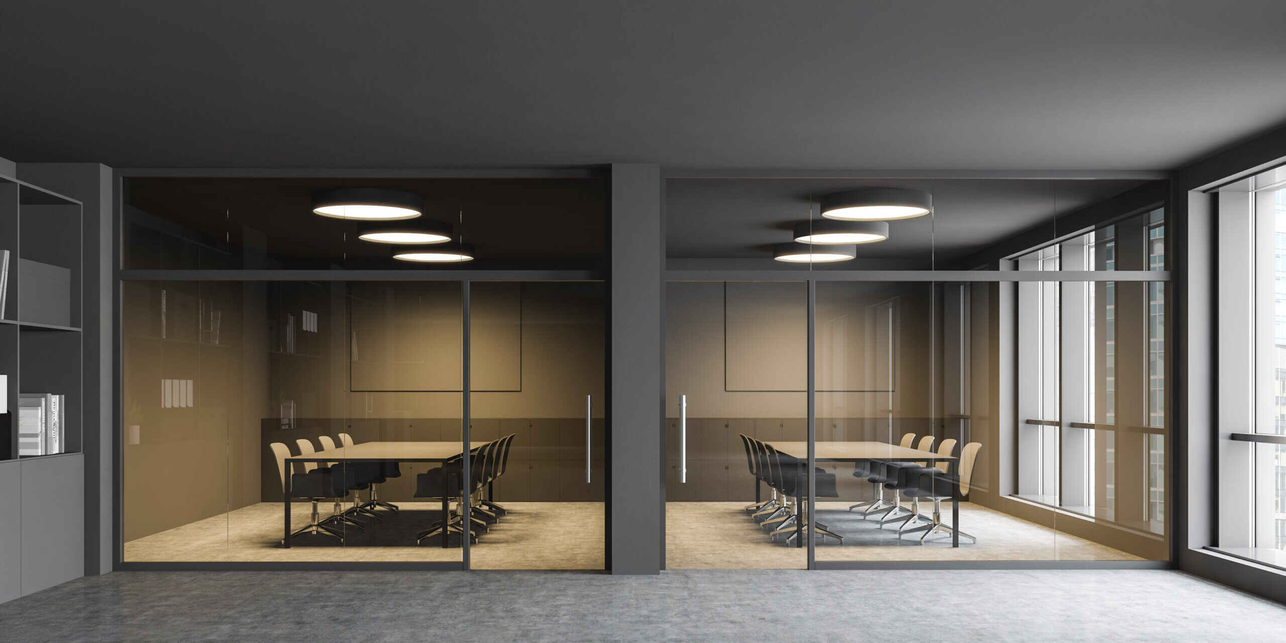 Interior,Of,Stylish,Office,With,Gray,Walls,,Concrete,Floor,And
